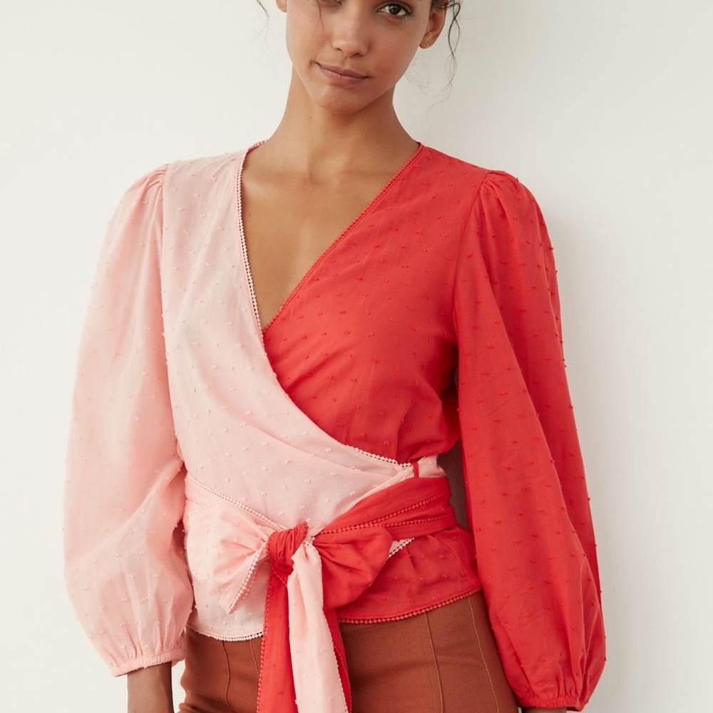 FARM Rio for Anthropologie Color-block Wrap Top Pink & Red Long Sleeve Size M